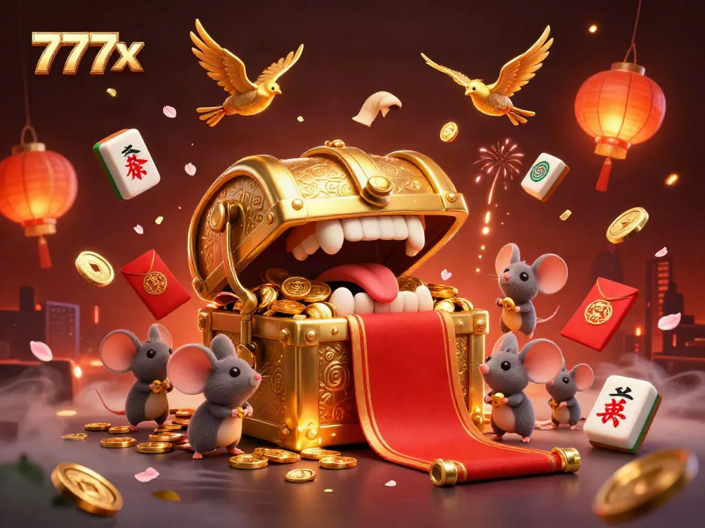 Win big with the vibrant 777x golden treasure chest and its charming characters in this casino-themed illustration.