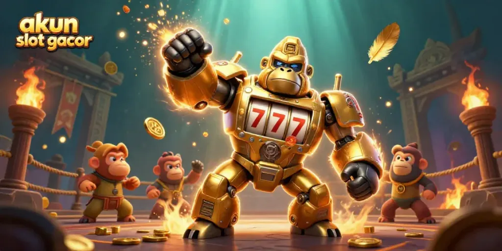 Engage with the action of akun slot gacor as golden gorilla mech sparks excitement in a vibrant casino scene.