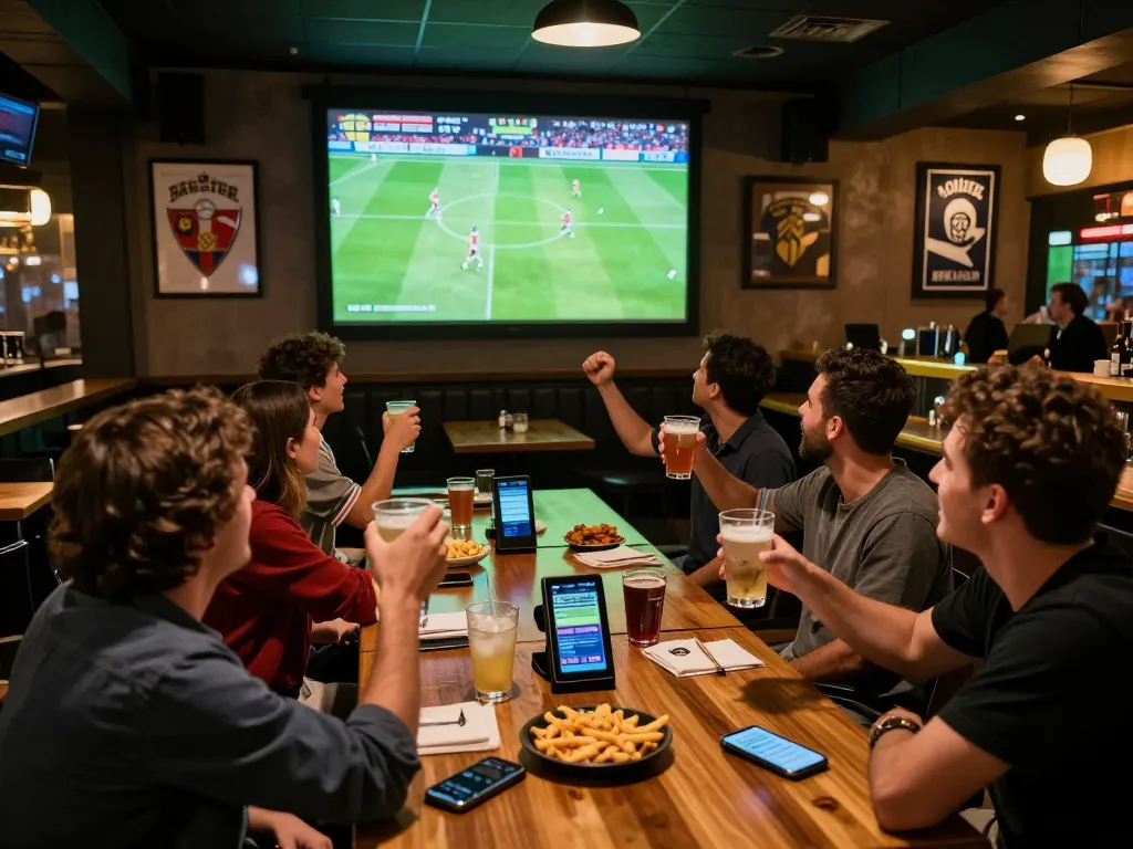 Friends enjoying a live match on luongsontv, cheering and using a betting app in a vibrant sports bar.