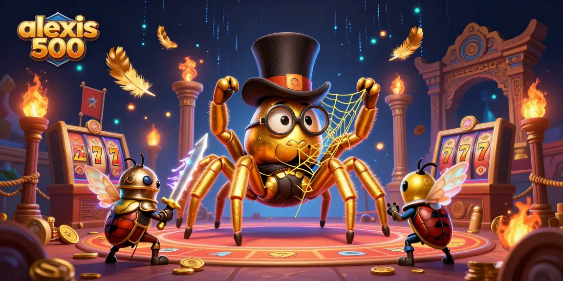 Engage with alexis 500 through a vibrant casino scene featuring a golden tarantula and beetle knight