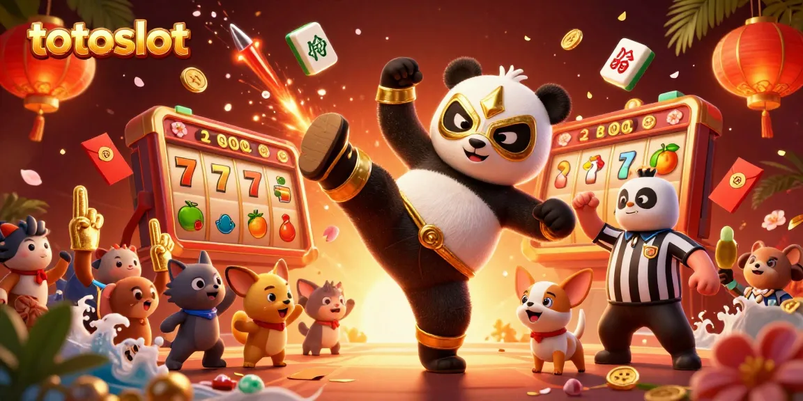 Totoslot features a dynamic 3D scene with a wrestling panda and a referee amid casino elements.