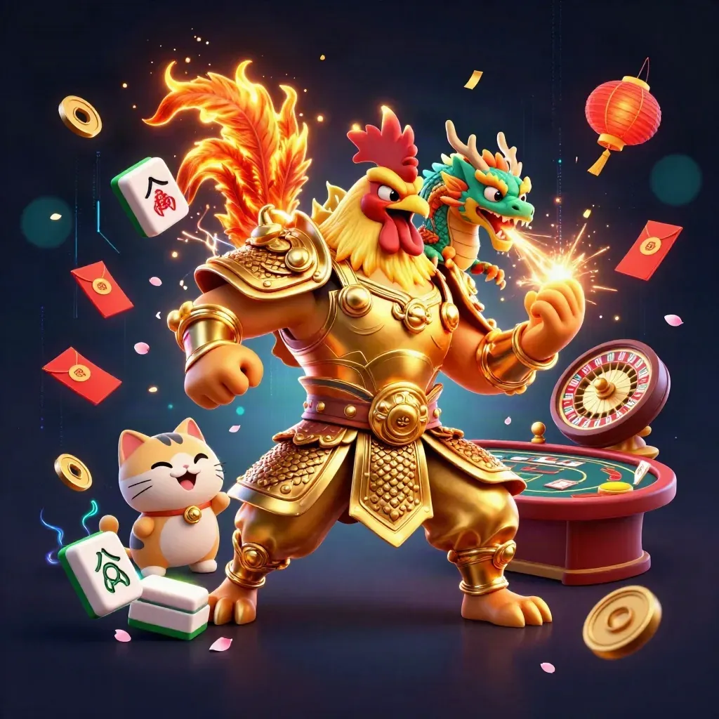 Rooster warrior, dragon hatchling, and fortune cat amid casino lights and gold treasure.