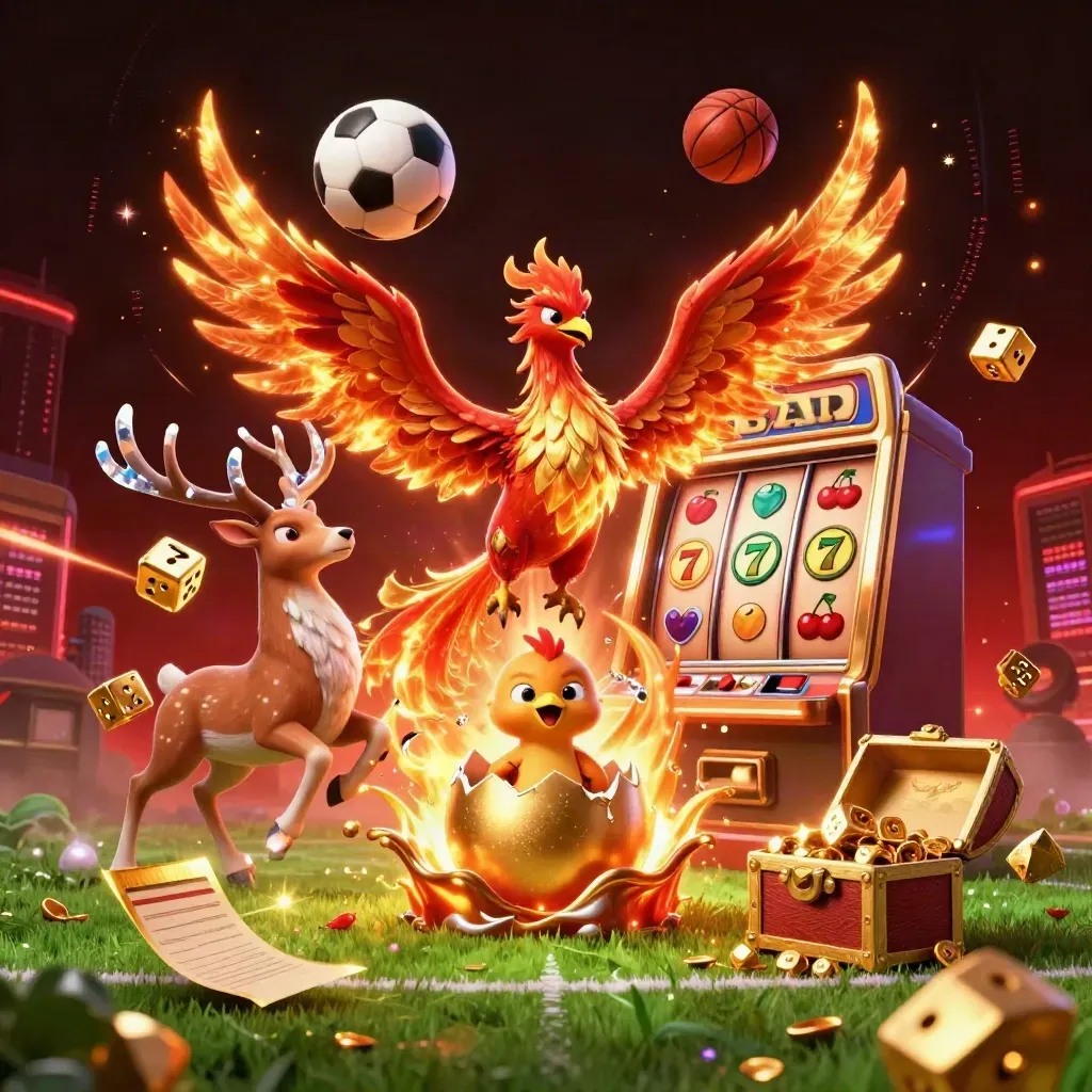 Phoenix, stag and casino symbols erupt over a dark skyline with gold and crimson neon glow.