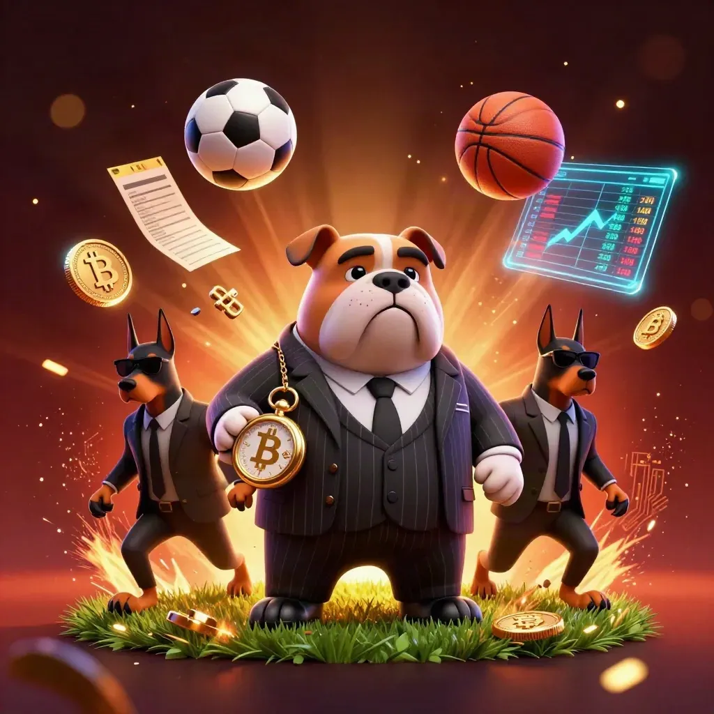 Cartoon bulldog boss and bodyguards amid coins, sports balls, and neon casino energy.