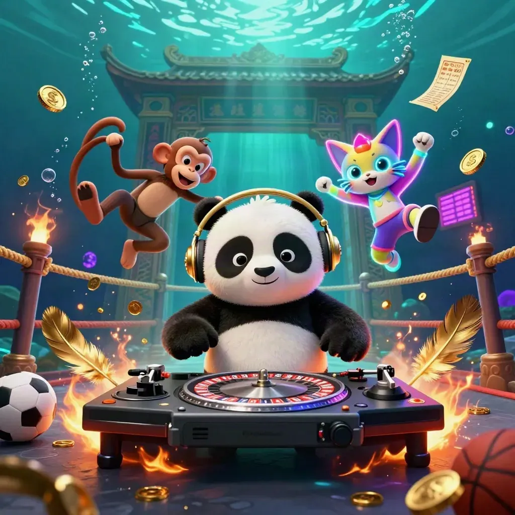 Cartoon panda DJ, monkey and kitten amid casino sports chaos with balls, coins and neon glow