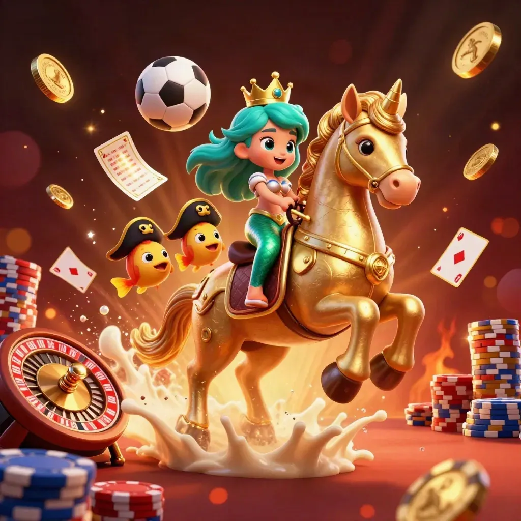 Mermaid princess on a golden seahorse amid casino chips, coins, cards, and sports balls in fiery glow