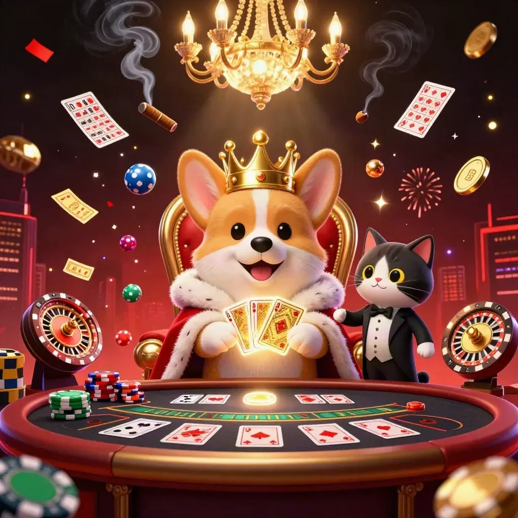 Royal corgi and cat butler in a luxe casino scene with wheels, cards, sparks, and gold glow.