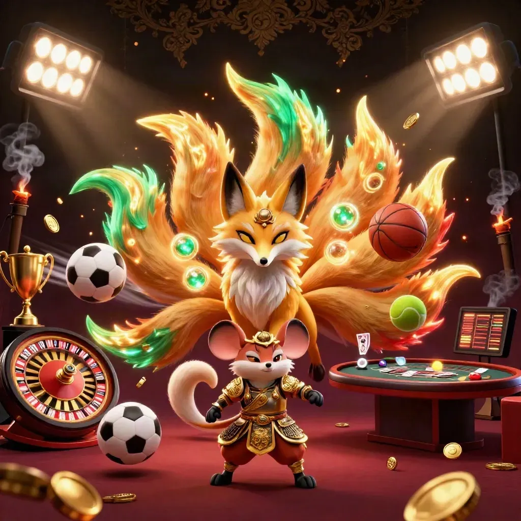 Neon fox spirit and samurai mouse amid casino lights, trophy, coins, smoke, and sports balls.