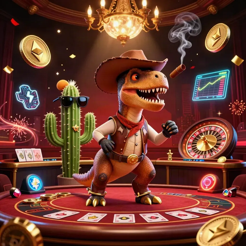 Cowboy T-Rex, cactus sidekick, and sheriff roadrunner in a luxe neon casino with crypto effects.