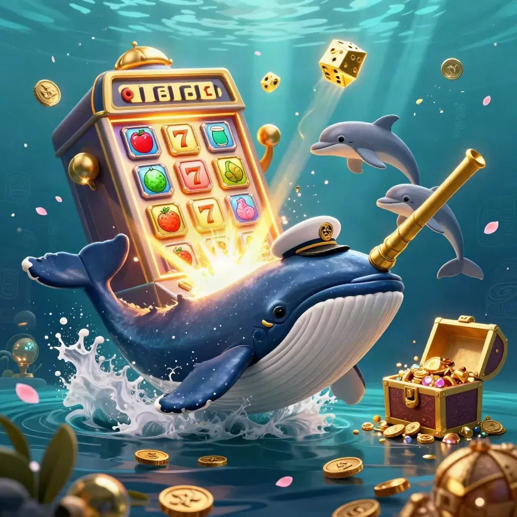 Whale captain, narwhal, and dolphins burst through coins with jackpot loot and glowing underwater light