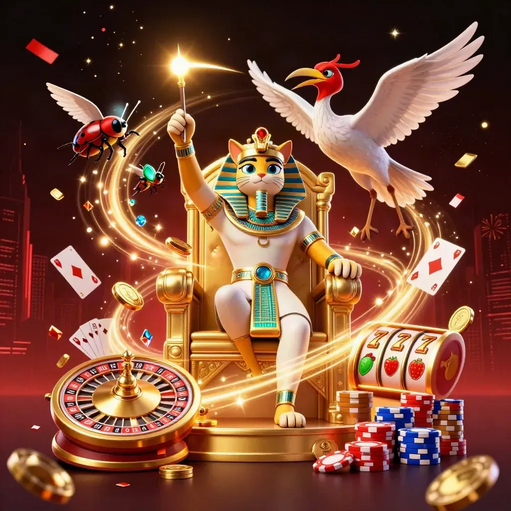Pharaoh cat, ibis scribe, and gem-wing scarabs amid casino coins, cards, chips, and fiery neon effects.