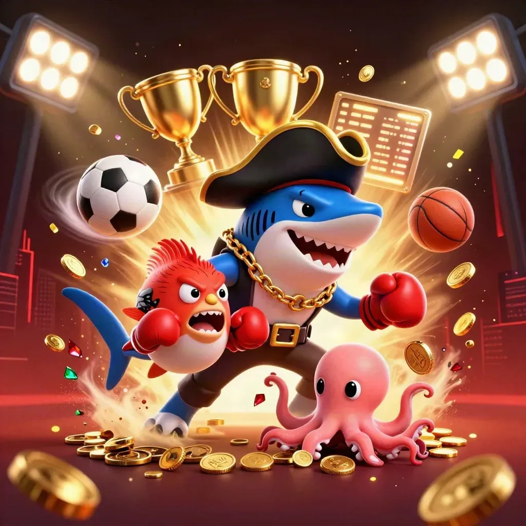 Pirate shark, boxing pufferfish, and juggling octopus amid coins, balls, and gold light