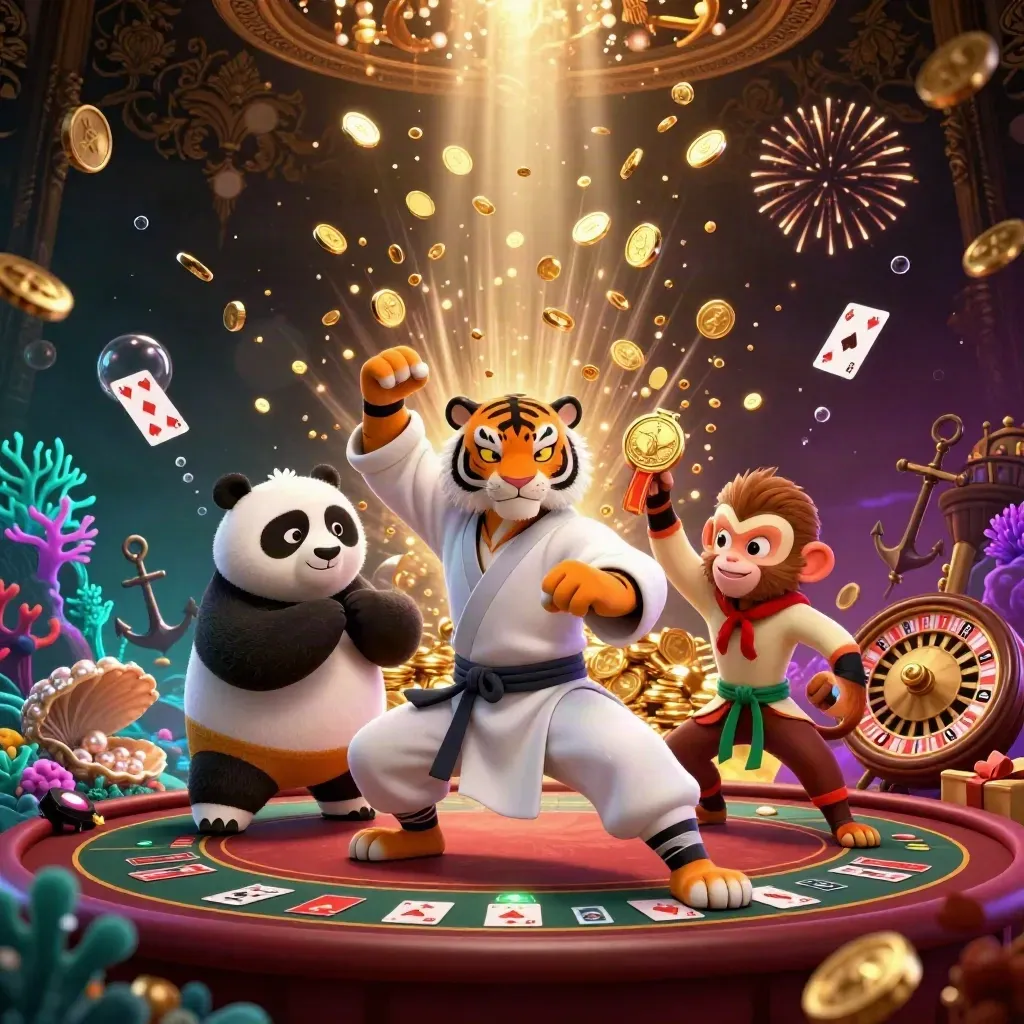 Kung-fu tiger, panda, and monkey amid casino treasure, blackjack and roulette glow in an underwater cove.