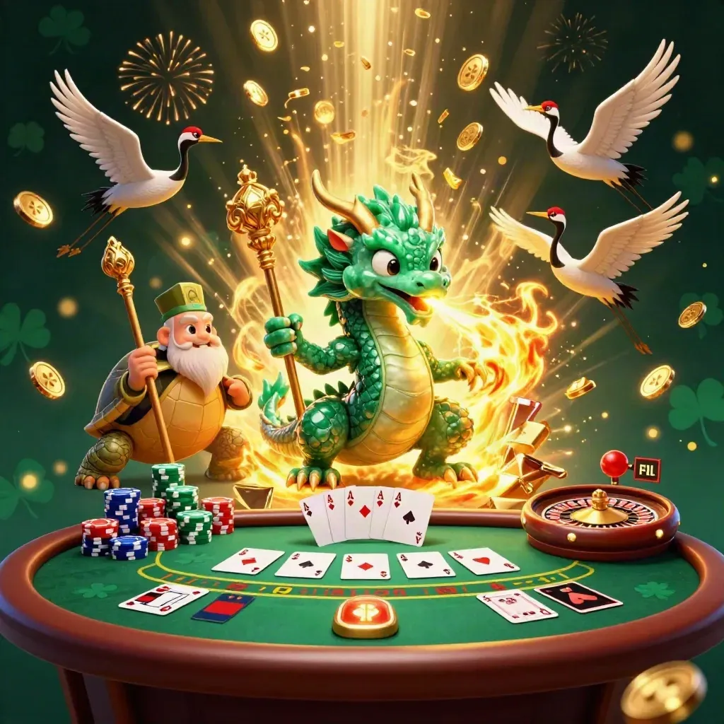 Emerald dragon, turtle sage, and cranes amid casino cards, chips, coins, and fireworks