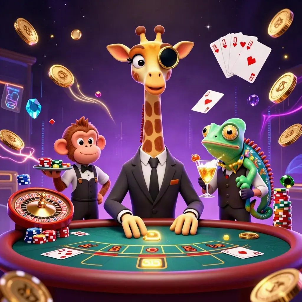 Giraffe high-roller, monkey valet, and chameleon bartender amid coins, chips, and neon casino magic.