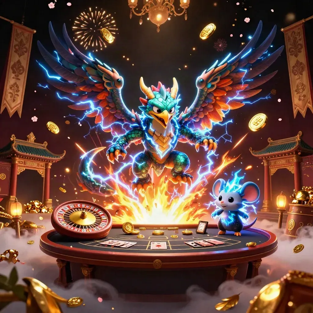 Thunder dragon, hawk, and mouse over coins, cards, runes, and fireworks on a luxe casino backdrop.