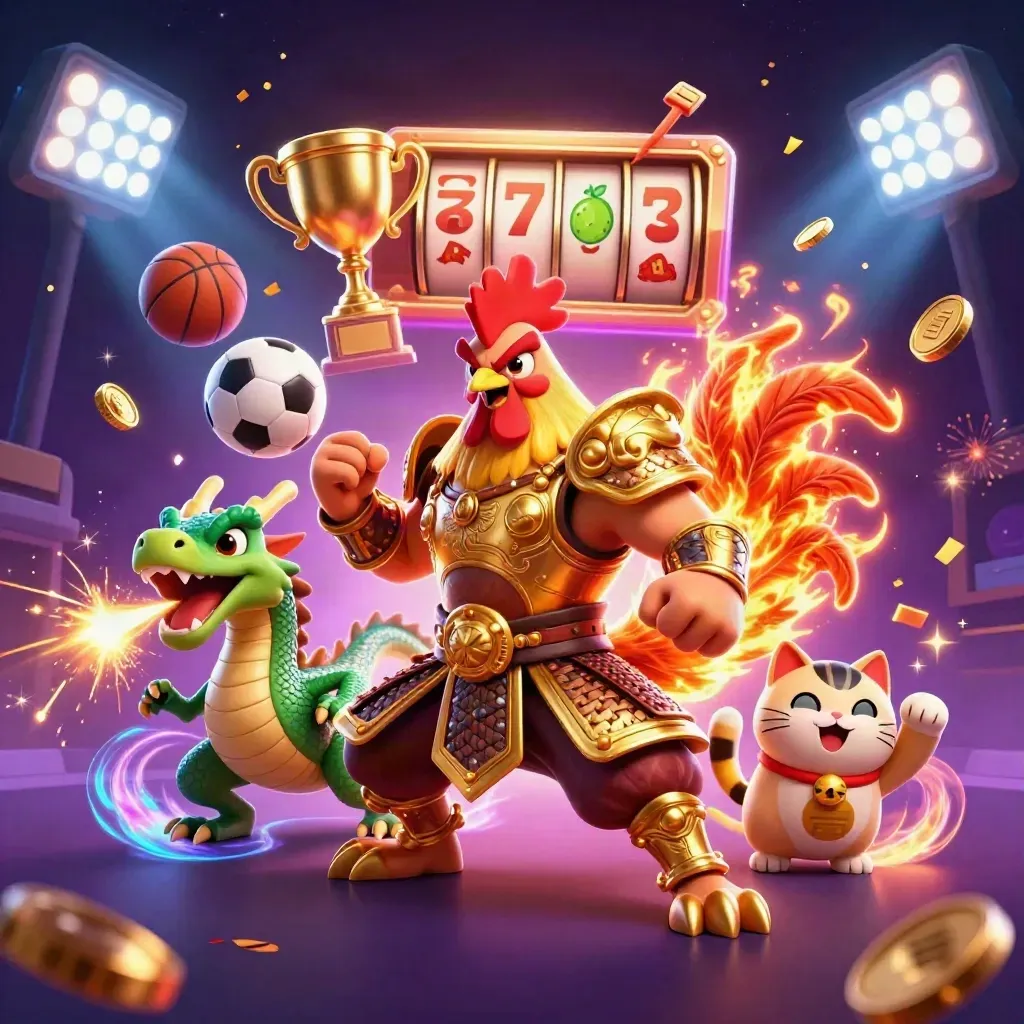 Rooster warrior, spark-breathing dragon hatchling, and cheering fortune cat in casino battle chaos