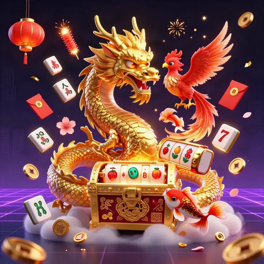 Golden dragon, phoenix, and koi amid casino charms, lanterns, coins, and neon loot.