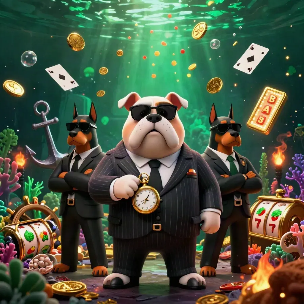 Bulldog mafia boss with two Dobermans amid gold coins, coral, cards, and casino reels