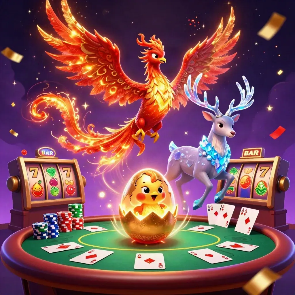 Fire phoenix, hatchling, and crystal-antler stag over casino chips, cards, and glowing reels.