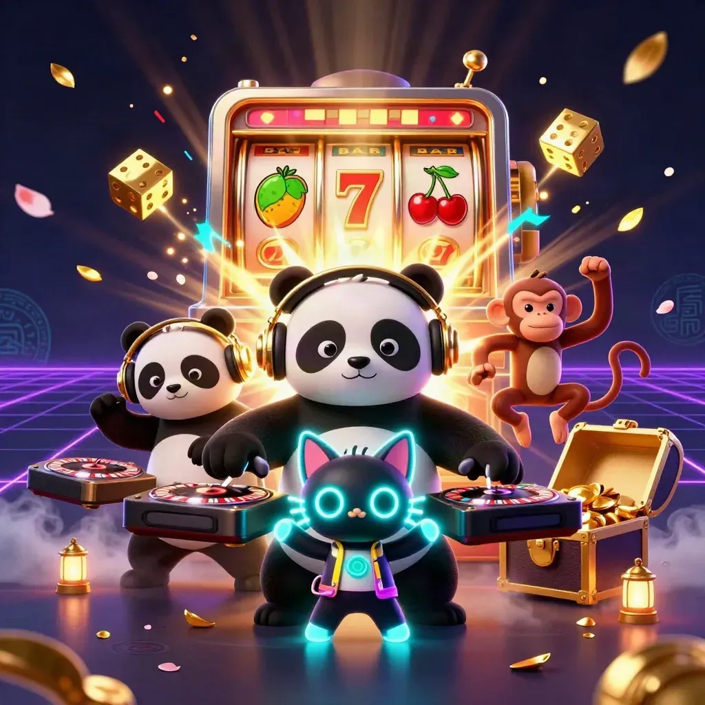 DJ panda, breakdancing monkey, and glow-stick kitten amid exploding slot jackpots and gold