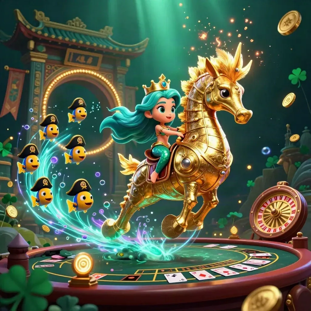 Mermaid princess on armored seahorse amid pirate fish, casino relics, and neon underwater glow