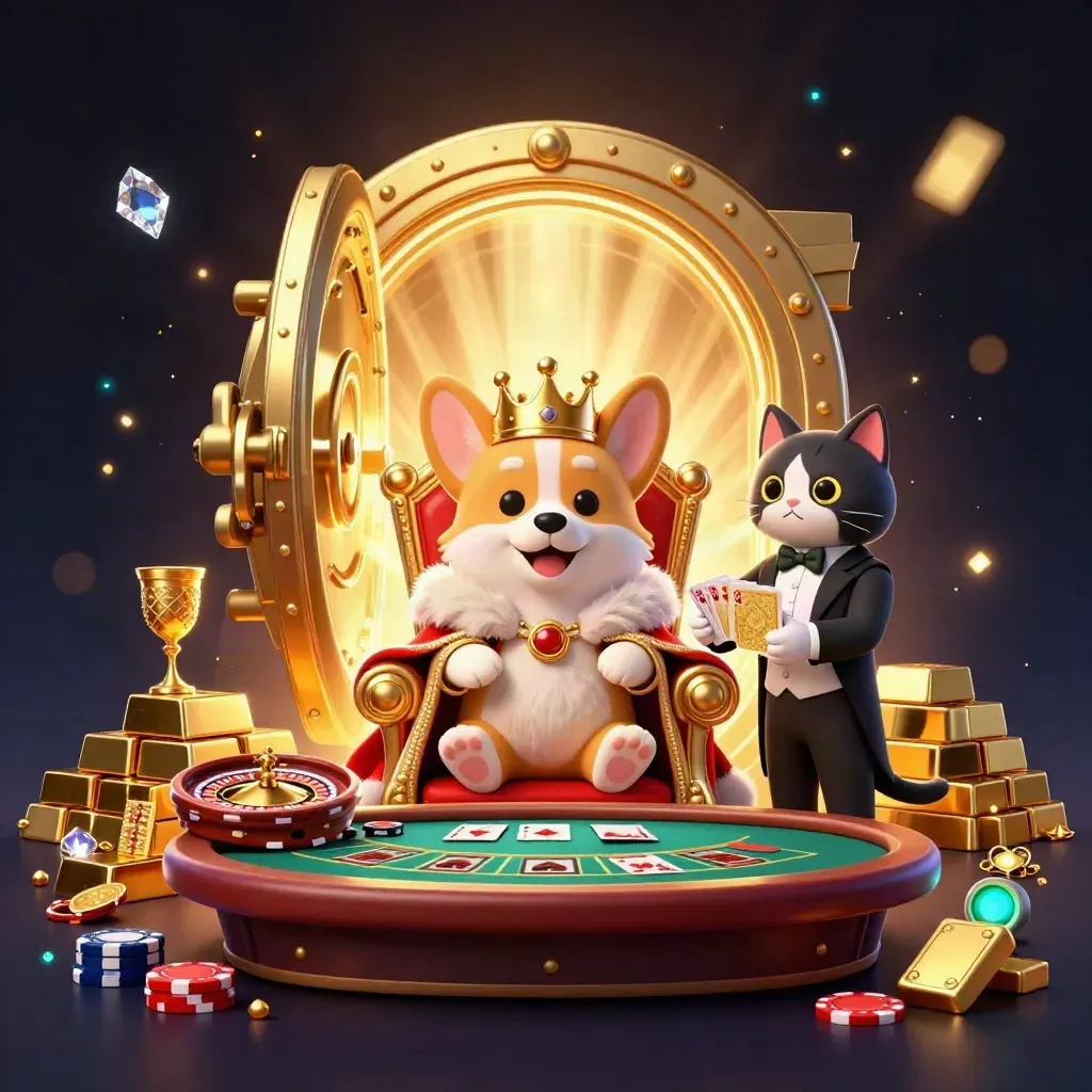 Royal corgi king and cat butler amid gold, vault light, cards, and casino glam