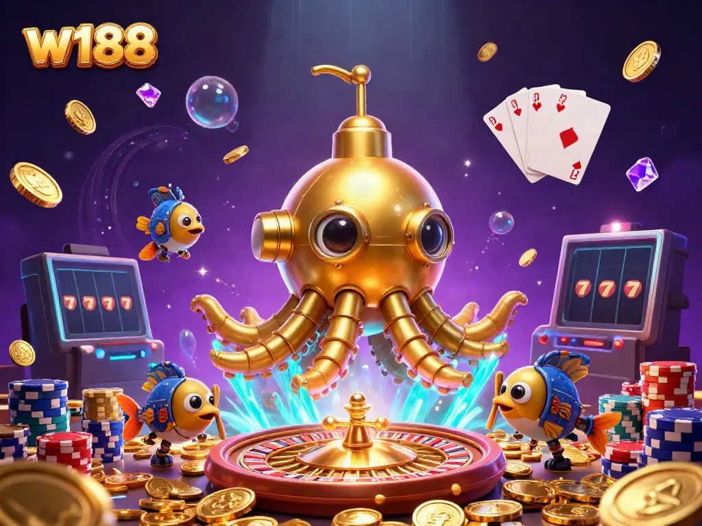 Experience the excitement of w188 with a vibrant scene of a golden kraken submarine amidst casino elements.