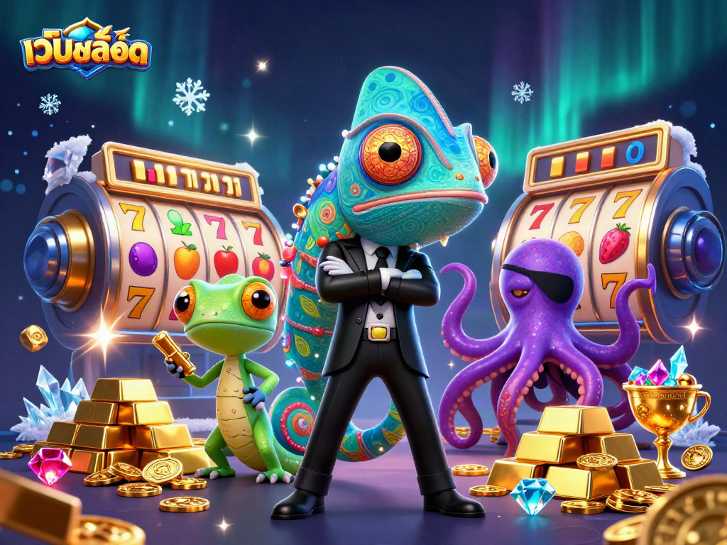 Spin the เว็บสล็อต slots with a vibrant scene featuring a colorful chameleon and golden treasures!