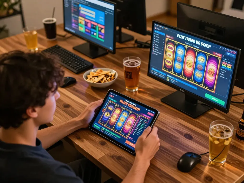 Menikmati Slot Demo PG Soft Lengkap sambil menggunakan tablet dan camilan di pengaturan rumah yang nyaman.