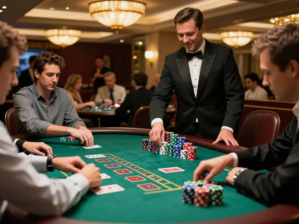 Players engaging in an intense HM88 blackjack game with focused strategies in a luxurious casino