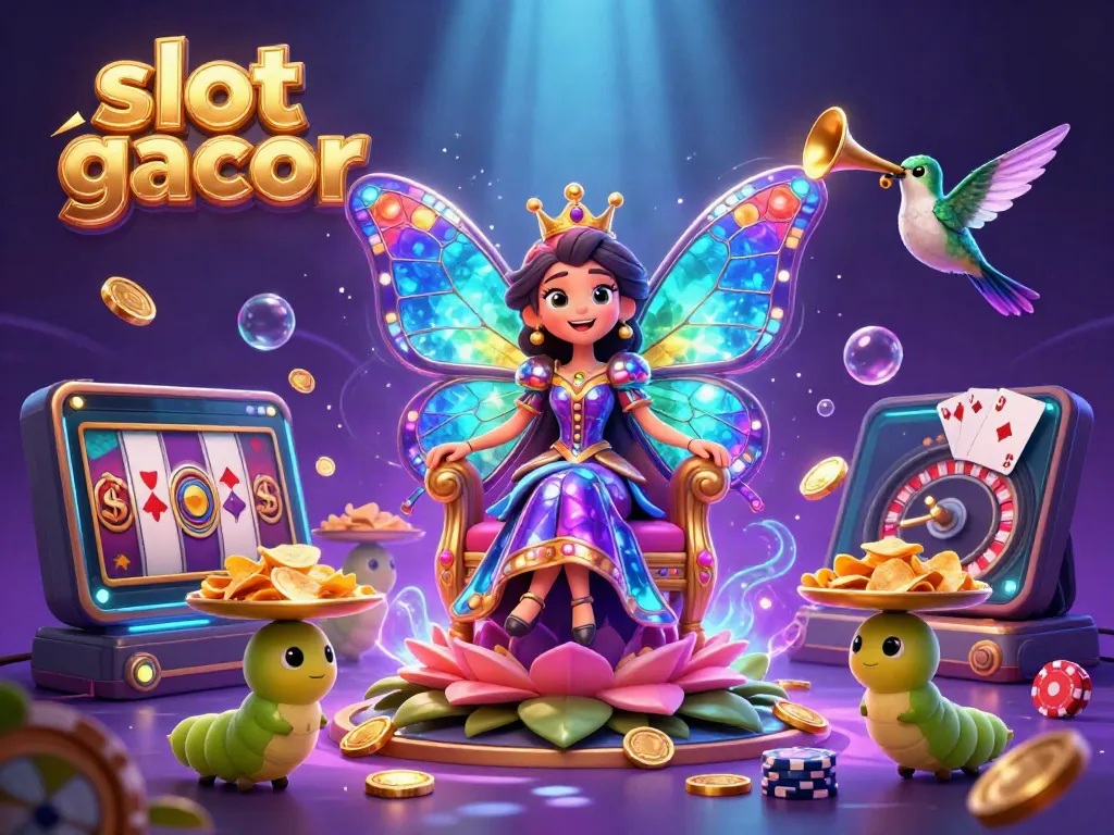 Engage in the exciting slot gacor with a vibrant illustration of a butterfly queen surrounded by gaming elements.