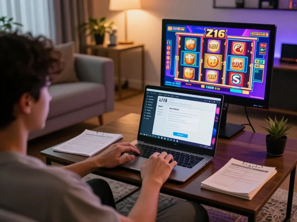 Engaging at-home experience with สล็อต Z16 on laptop showcasing vibrant slot graphics