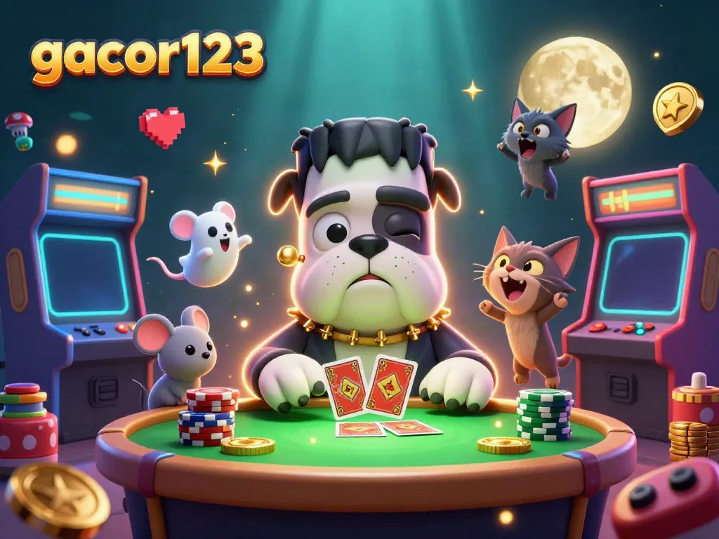 Experience the thrill of gacor123 with vibrant characters and lively casino elements in a dynamic illustration.