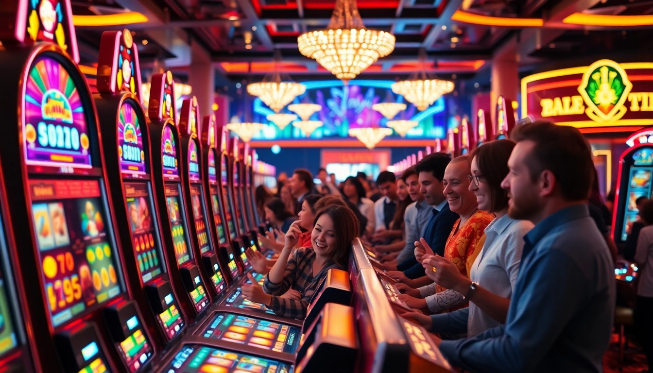 Permainan togel389 dengan mesin slot penuh warna di kasino yang ramai dan menyenangkan.