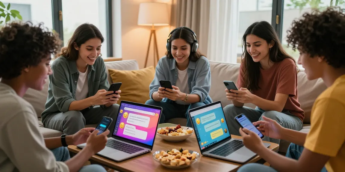 Diverse friends enjoying cozy chat session on شات فلة الخليج with smartphones and snacks.