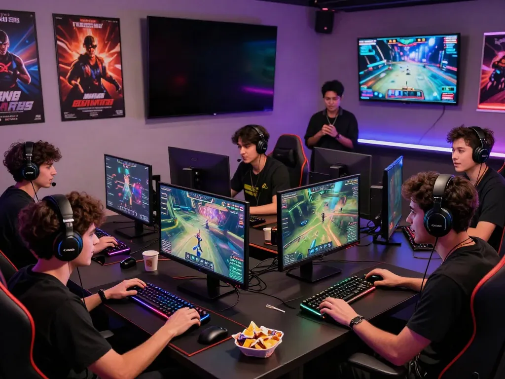 Suasana gaming online di NYONYA4D dengan gamer yang antusias dan peralatan modern