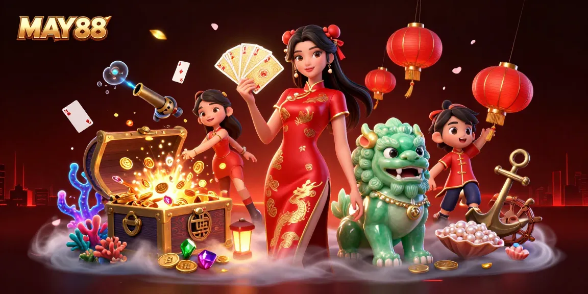 MAY88 showcases engaging casino activities through vibrant elements, including a stylish qipao character holding playing cards.