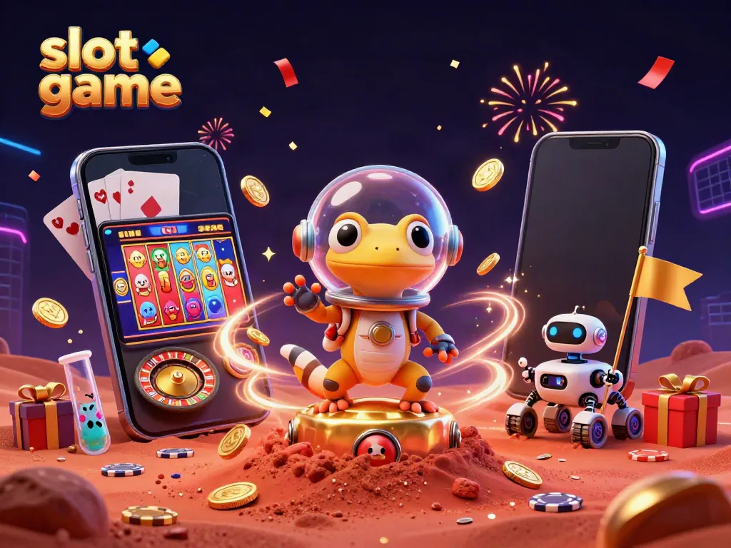 Exciting slot game action featuring Martian gecko celebrating a cosmic jackpot in a vibrant casino.