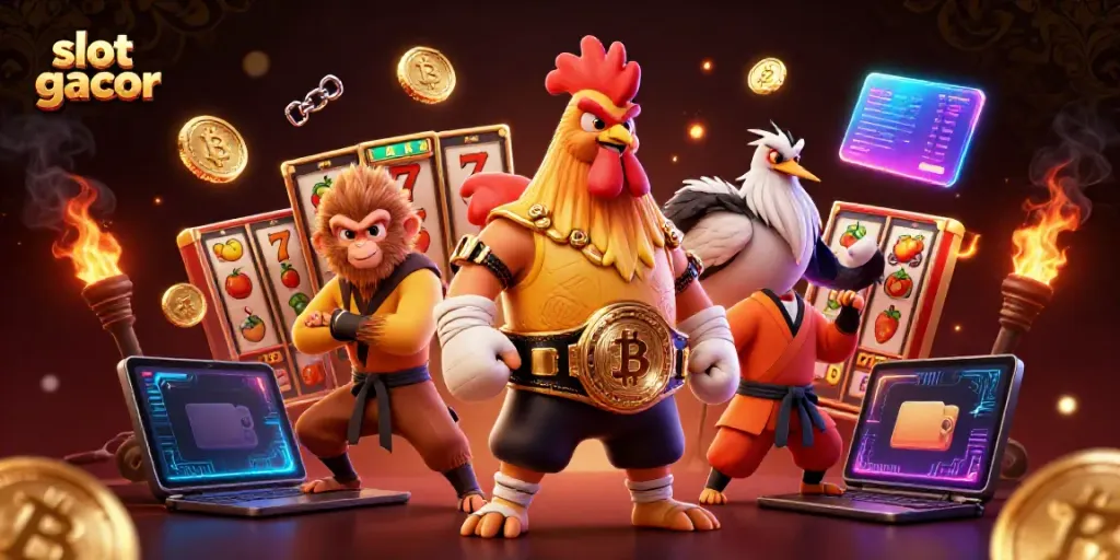 Engage in exciting slot gacor action with a fierce rooster, a monkey martial artist, and a wise crane surrounded by vibrant gaming elements.