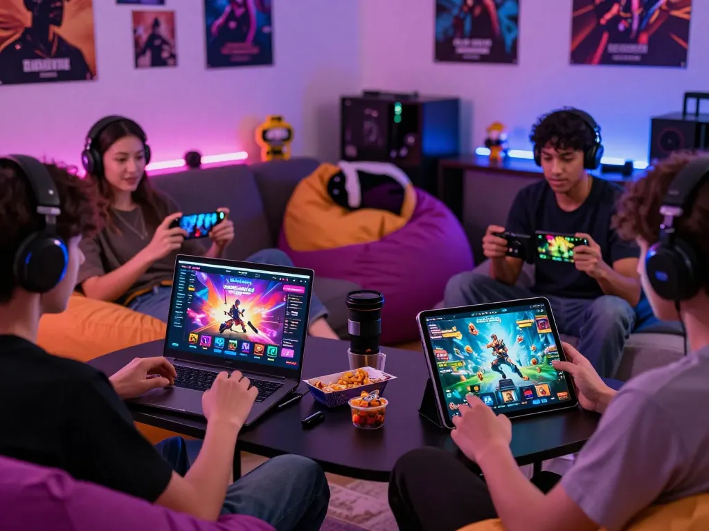 Players enjoying adult games on multiple devices in a cozy gaming space, experiencing vibrant graphics and engaging gameplay.