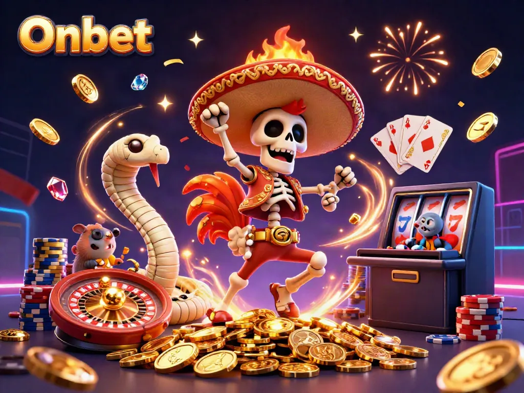 Onbet's vibrant victory dance illustration featuring a mariachi rooster, mummy snake, and DJ hamster surrounded by casino elements.