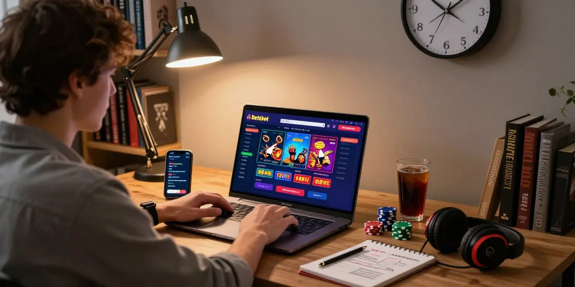 Engaged player exploring Betebet online gaming platform with laptop, cozy home office setting.