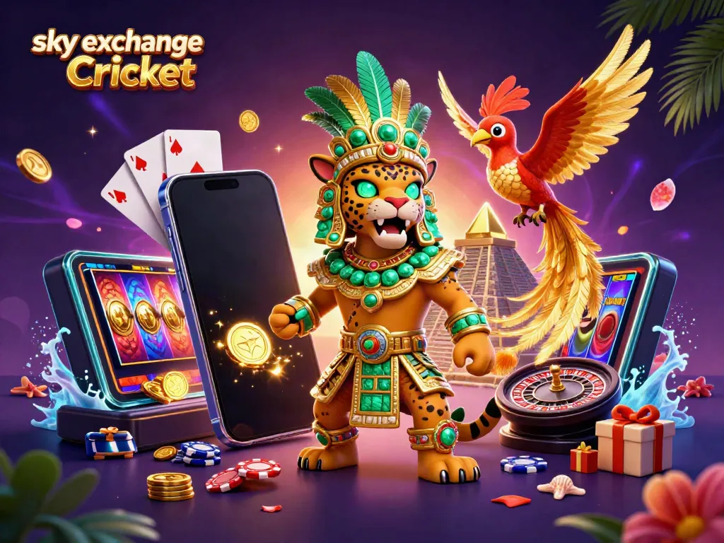 Experience sky exchange Cricket betting with vibrant 3D illustration showcasing games and features in action.