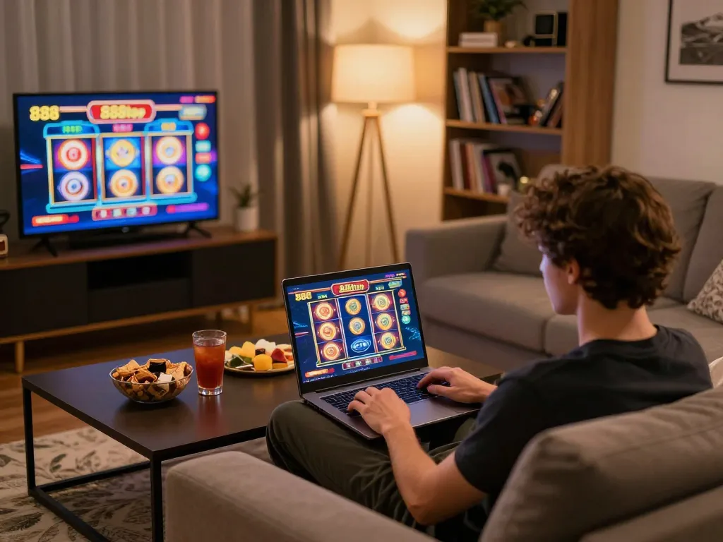 Person enjoying online slots on 888top in a cozy home setting with snacks and warm lighting.