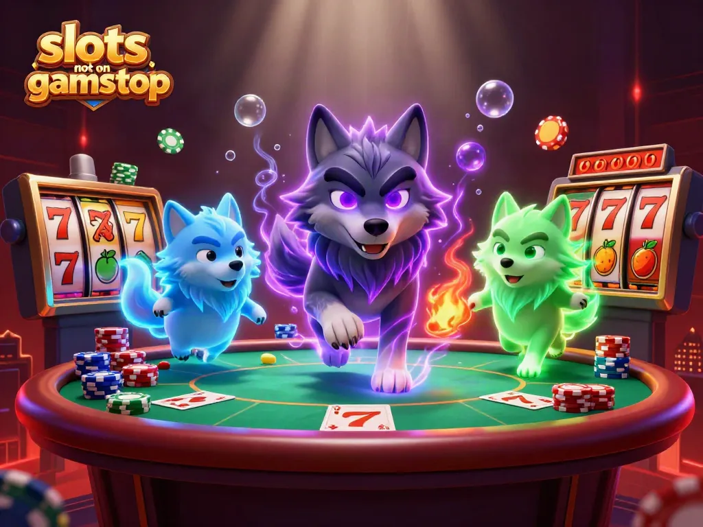 Experience the thrill of slots not on gamstop with glowing wolf leaders amidst vibrant casino action.