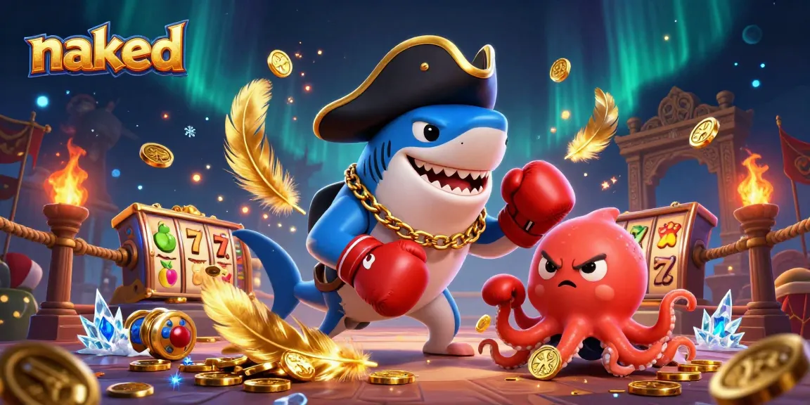Naked pirate shark faces a dynamic casino scene, showcasing slots and gold in action.