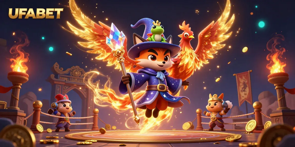 Experience thrilling gameplay with UFABET, featuring a mystical wizard fox and a fiery phoenix in action.