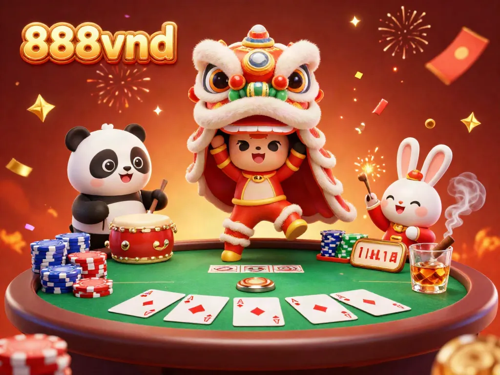 Experience vibrant casino excitement with 888vnd in a festive 3D illustration featuring a lion dance, poker, and more.