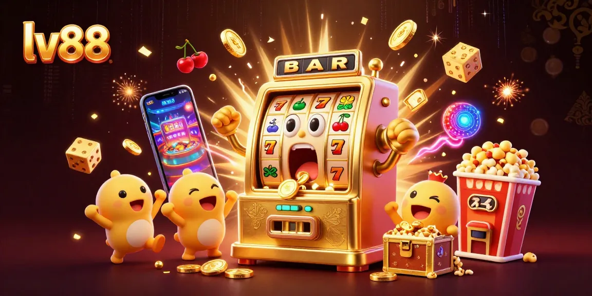 Win big at lv88 with a golden slot machine celebrating its jackpot amidst vibrant casino elements.